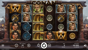Conan base game showing the 6-reel grid with warrior symbols, wilds, and two-way paylines.