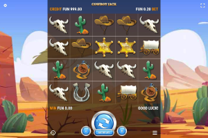 Cowboy Jack slot base game showing the 5x4 reels and Wild West symbols.