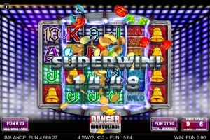 Danger High Voltage Super Win animation during the bonus feature with multiplier-enhanced payouts.