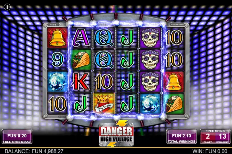 Danger High Voltage free spins feature in progress with expanding electric wilds and win multipliers.