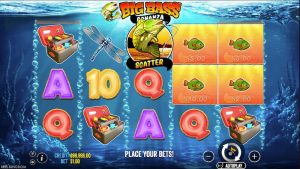Big Bass Bonanza base game showing the 5-reel layout, fishing-themed symbols, and Big Bass scatter symbol.