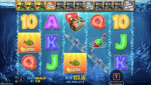 Big Bass Bonanza Free Spins round with Money symbols collected by the fisherman Wild.