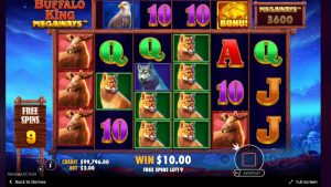 Buffalo King Megaways free spins round featuring stacked animal symbols and Megaways cascading wins.