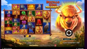 Buffalo King Megaways title screen showing the Megaways reels, buffalo artwork, and free spins feature preview.