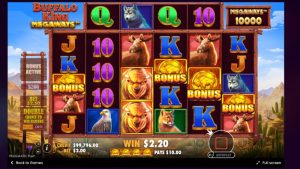 Buffalo King Megaways reels landing four Bonus scatter symbols to activate the free spins feature.