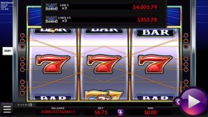 Black Diamond slot showing the classic three-reel layout with BAR and 7 symbols during regular gameplay.