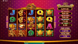 Dancing Drums Explosion Golden Drum Free Spins bonus with expanded reels and increased ways to win.