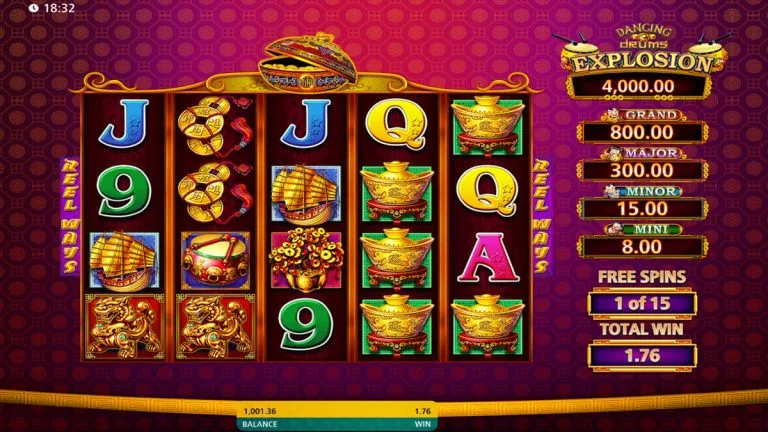 Dancing Drums Explosion Golden Drum Free Spins bonus with expanded reels and increased ways to win.