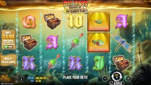Big Bass Secrets of the Golden Lake base game showing the 5-reel layout, fishing symbols, and cash fish Money symbols.