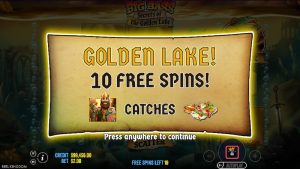 Big Bass Secrets of the Golden Lake Golden Lake bonus awarding 10 Free Spins after the Scatter feature triggers.