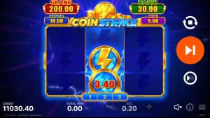 Coin Strike Hold and Win bonus round showing locked coin symbols and jackpot prizes.
