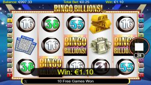 Bingo Billions triggering the Free Games bonus after landing the required Bingo Billions logo symbols.