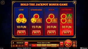 9 Coins Hold the Jackpot bonus purchase options with Low, Standard, High, and Extreme volatility choices