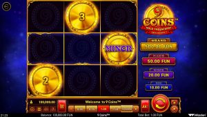 9 Coins base game showing the 3x3 grid, Cash Infinity coins, and volatility controls