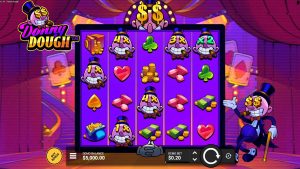 Donny Dough base game showing the colorful 5-reel layout with cash, gem and multiplier symbols.