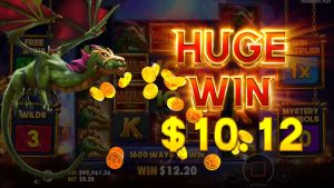 Drago Jewels of Fortune Huge Win animation during the free spins bonus with expanding wilds and dragon-themed rewards.