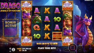Drago Jewels of Fortune bonus trigger with dragon symbols filling the corner positions to activate free spins.