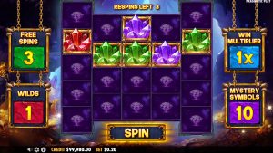 Drago Jewels of Fortune bonus feature showing the respin grid with free spins, wilds and mystery symbols.