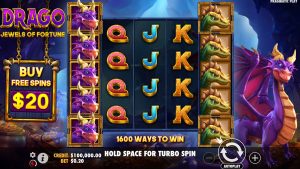 Drago Jewels of Fortune base game showing the 5-reel layout with dragon symbols and 1,600 ways to win.