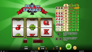 Ace Of Spades base game showing the three-reel layout, single payline, and classic Play'n GO paytable