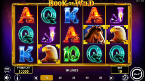 Book of Wild base game showing five reels with wildlife symbols, card values, and the golden Book symbol.