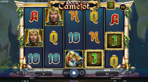 Book of Camelot free spins round with expanding symbols active across the reels.