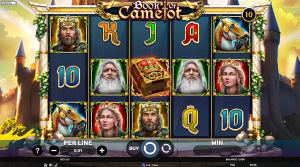 Book of Camelot base game showing King Arthur-themed symbols, royal characters, and the five-reel slot layout.