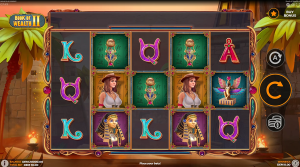 Book Of Wealth 2 base game showing Egyptian-themed reels, explorer symbols, and ancient treasure icons.