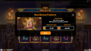 Book Of Wealth Bonus Buy feature allowing direct access to the free spins round with an expanding symbol.