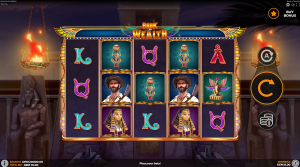 Book Of Wealth base game showing the Egyptian-themed reels, explorer symbols, and ancient treasure icons.
