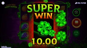 Cash 100 Lucky Clover Super Win animation with glowing four-leaf clovers celebrating a large winning payout.
