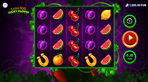 Cash 100 Lucky Clover base game showing the five reels, fruit symbols, horseshoes, and Irish-themed slot design.