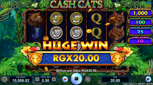 Cash Cats Huge Win animation celebrating a large bonus payout with jungle cat symbols and jackpot prizes.