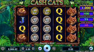 Cash Cats reels displaying stacked wild cat-eye symbols and bonus symbols during normal gameplay.