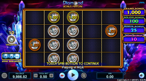 Cash Cats Diamond Bonus Feature with coin values, bonus grid, and progressive jackpot prizes.
