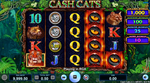 Cash Cats base game showing the jungle-themed reels, big cat symbols, and bonus prize values.