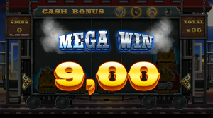 Cash Express Mega Win celebration after a large payout during the train-themed bonus feature.