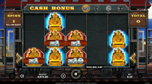 Cash Express bonus round in progress with train cash symbols locked on the reels and multiplier prizes.
