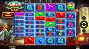 Cash Lab Megaways base game showing the Megaways reel layout, crystal symbols, and Wild Link feature.