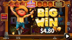 Big win screen in Cash Mine during the free spins bonus feature.