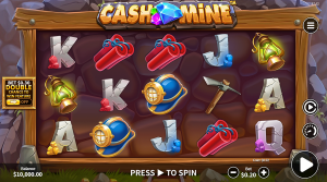 Cash Mine base game showing the 5-reel mining-themed slot layout.