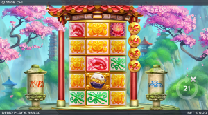 Chi base game showing the vertical reel layout and Asian temple theme.
