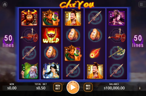 Chi You base game showing the 5-reel layout and Chinese mythology symbols.