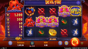 Devil Fire scatter symbols triggering the Hellfire Free Spins bonus feature.