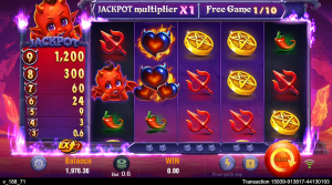 Devil Fire free spins bonus in progress with increasing jackpot multiplier and fiery multiplier mechanics.