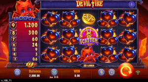 Devil Fire base game showing the fiery 5-reel layout with devil-themed symbols, wilds, and scatters.