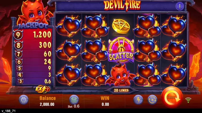Devil Fire base game showing the fiery 5-reel layout with devil-themed symbols, wilds, and scatters.