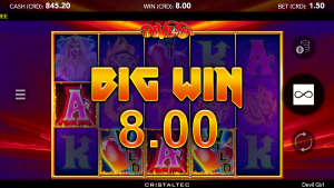 Devil Girl Big Win animation following a bonus feature payout with multipliers.
