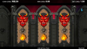 Devil Girl Devil's Wheel Bonus feature showing the mystery prize selection with flaming devil icons.