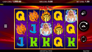 Devil Girl base game showing the 5-reel layout with devil-themed symbols, wilds, and high-value icons.
